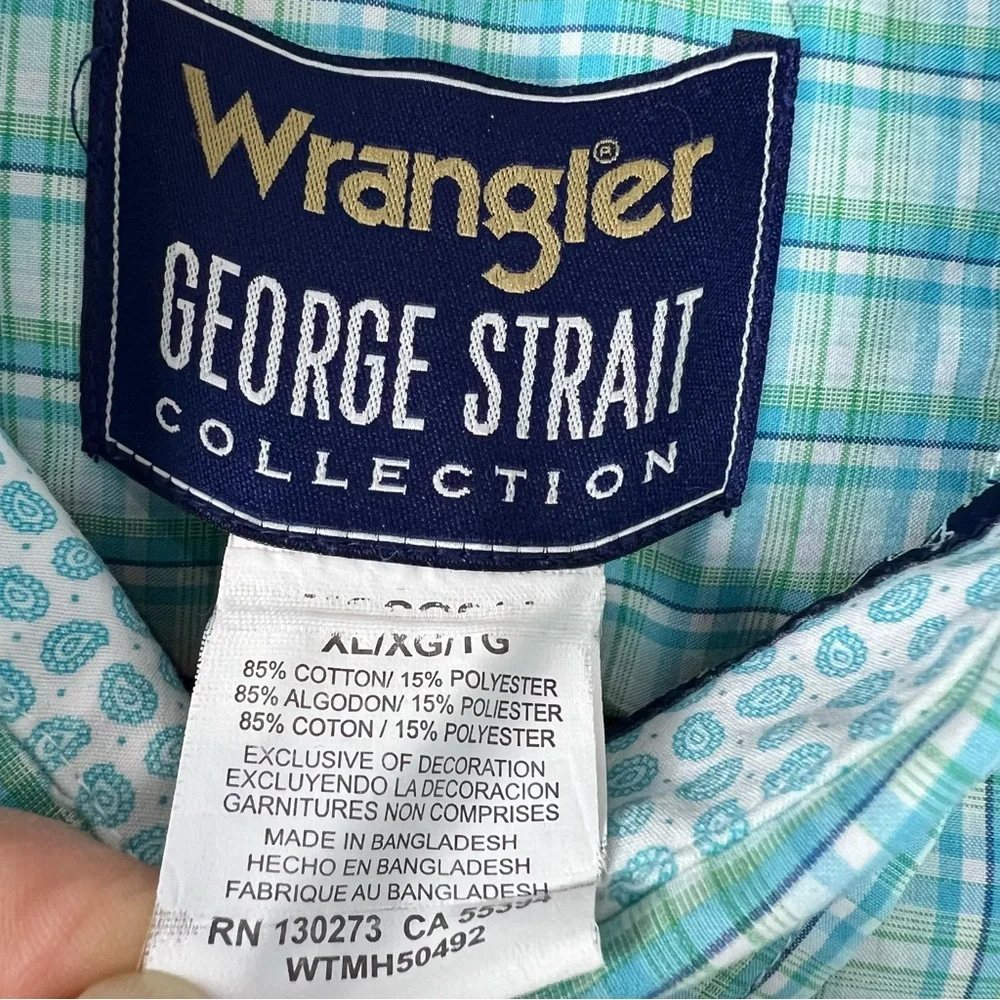 Wrangler George Straight Button Down Turquoise Plaid Contrast Trim Dress Shirt